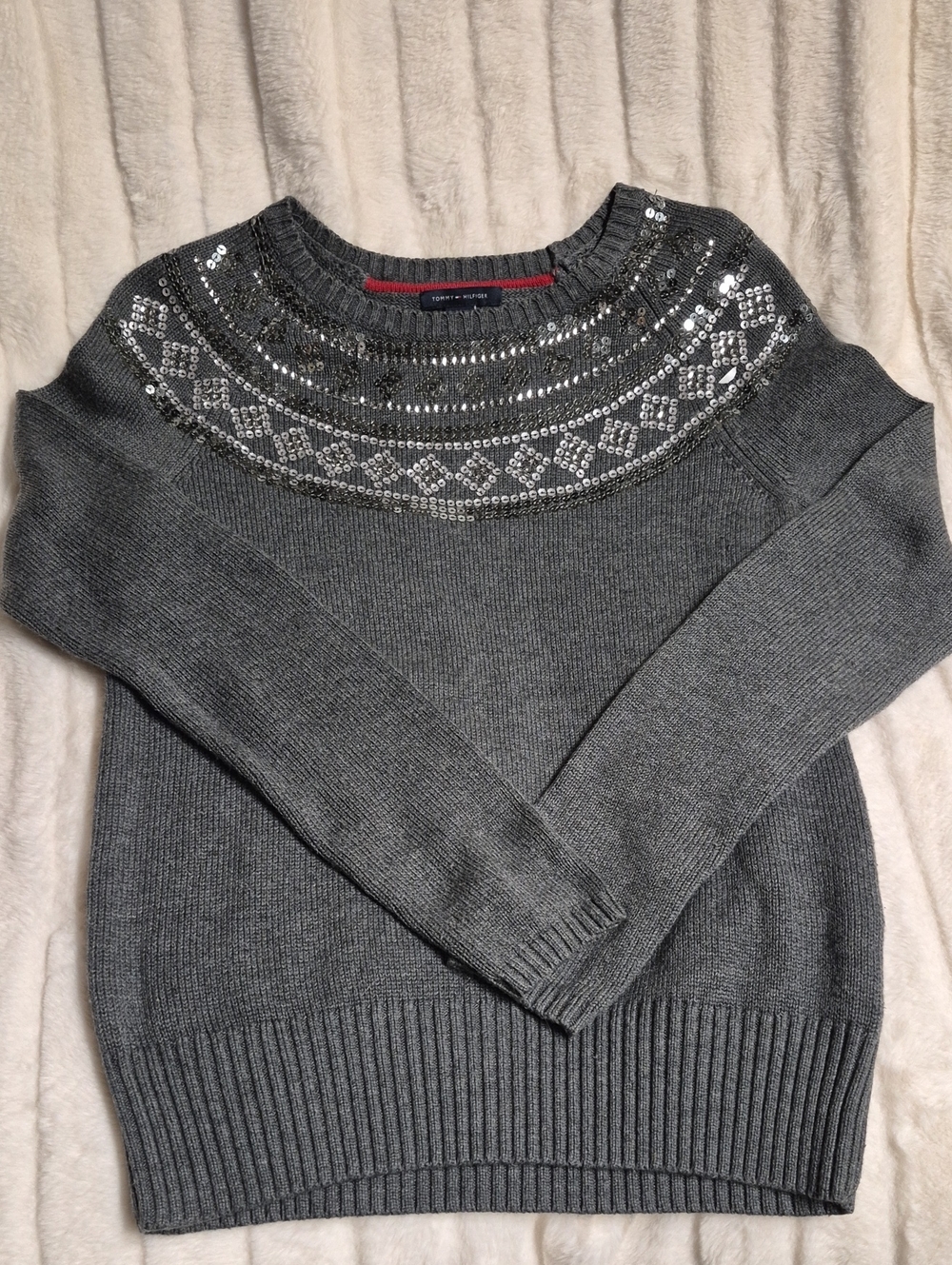 Tommy Hilfiger Charcoal Gray Sequin Yoke Crewneck Sweater